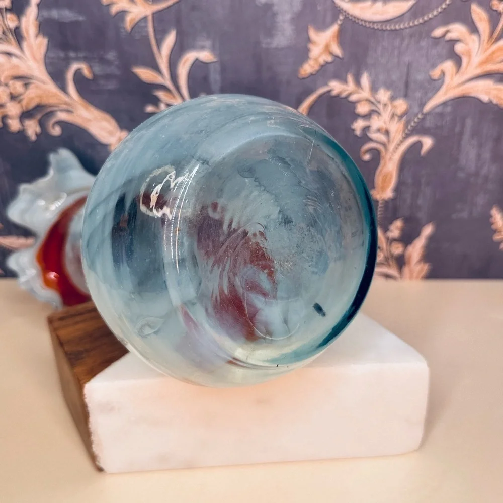 1960s End of Day Handblown Orange Blue Swirl Ruffled Glass Murano Vase